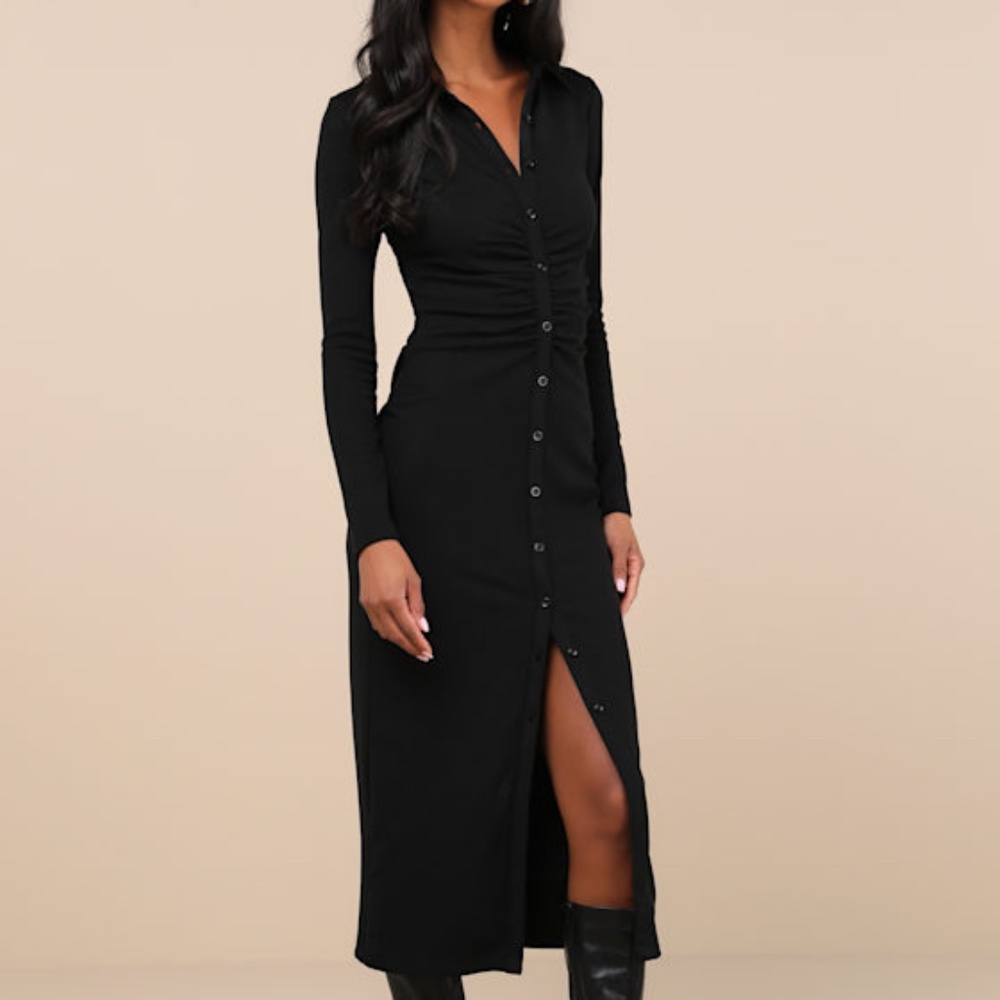 Lulus A Little Prep Black Button-up Bodycon Midi Dress - Size S